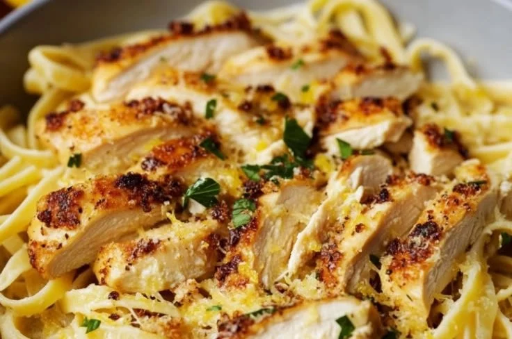 Creamy lemon garlic pasta with chicken served in a bowl
