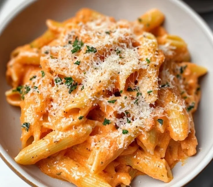 Creamy tomato pasta dish garnished with fresh basil and grated cheese