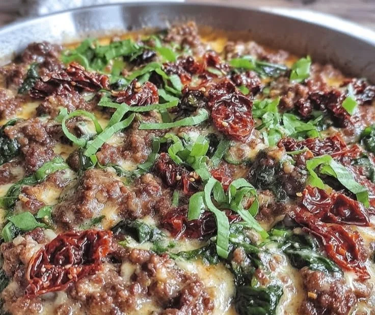 Creamy Tuscan ground beef skillet dish with herbs and vegetables