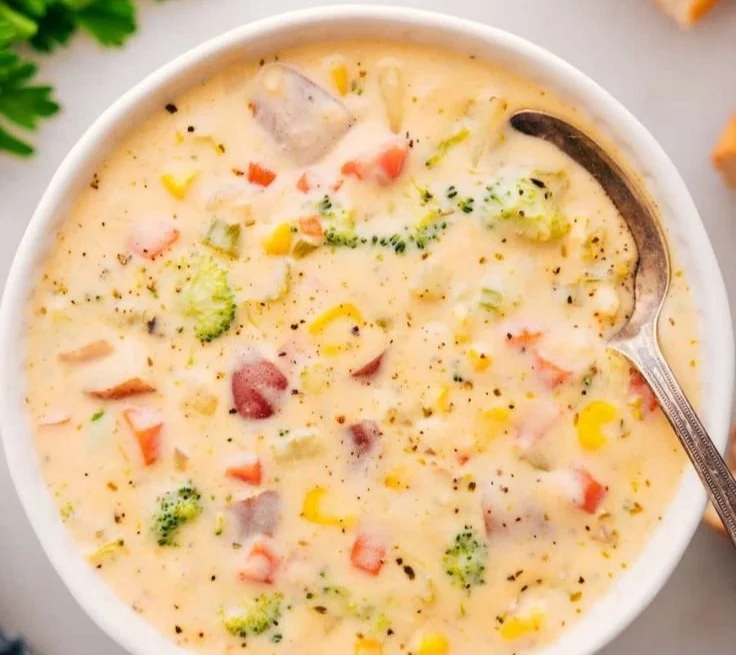 Bowl of creamy vegetable soup garnished with fresh herbs and vegetables.