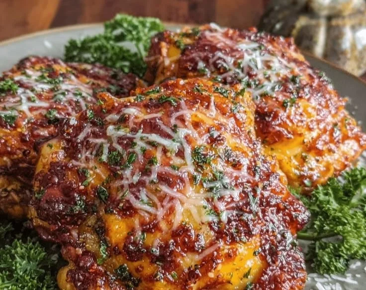 Crispy Garlic Parmesan Chicken Thighs served with herbs and spices