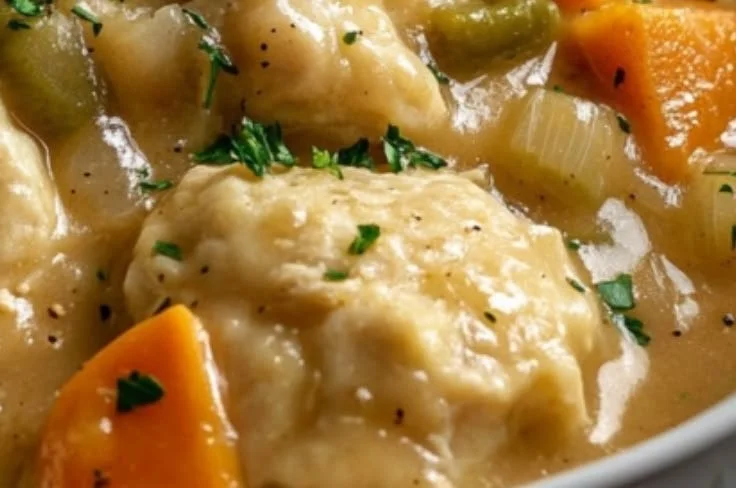 Crock Pot Chicken and Dumplings served in a bowl with fresh herbs