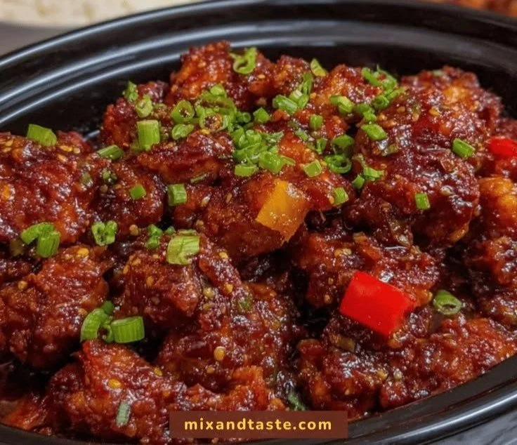 Crockpot General Tso's Chicken served with rice and vegetables.