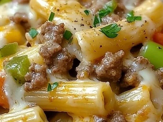 A delicious plate of Philly Cheese Steak Pasta topped with herbs and cheese.