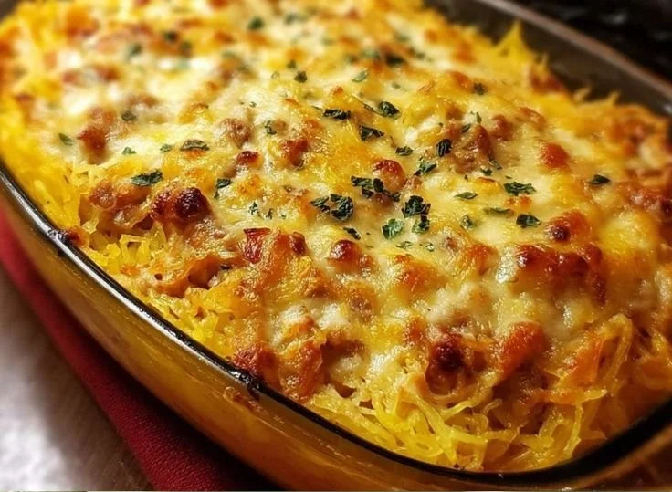 Baked spaghetti squash casserole served in a dish, topped with cheese and herbs.