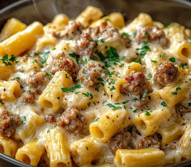 Creamy rigatoni pasta with Italian sausage served in a bowl
