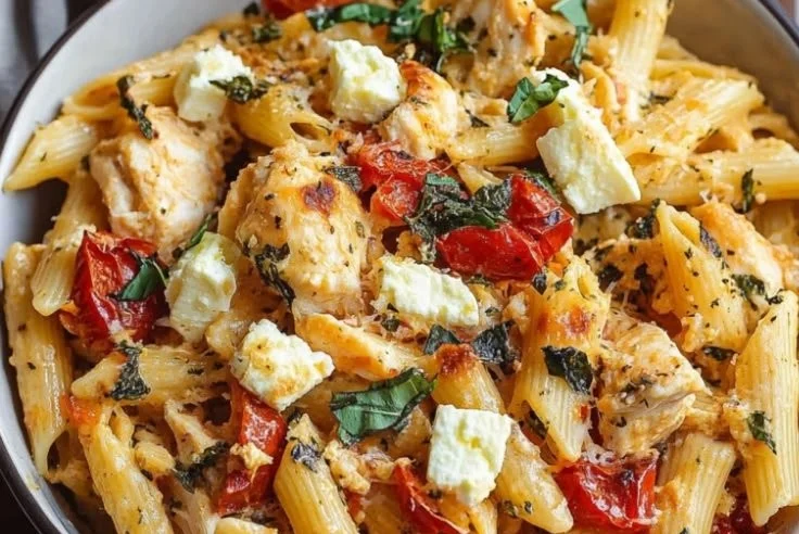 Delicious easy baked feta chicken pasta served in a bowl