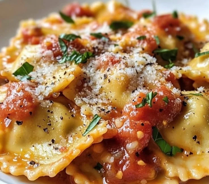 Homemade easy ravioli sauce served over fresh pasta.