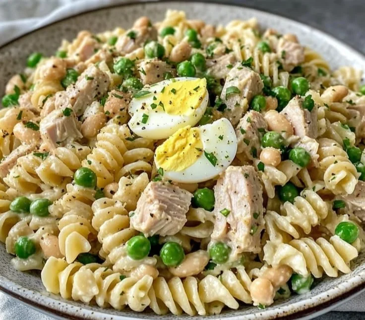 A bowl of easy Tuna Pasta Salad with fresh vegetables and pasta