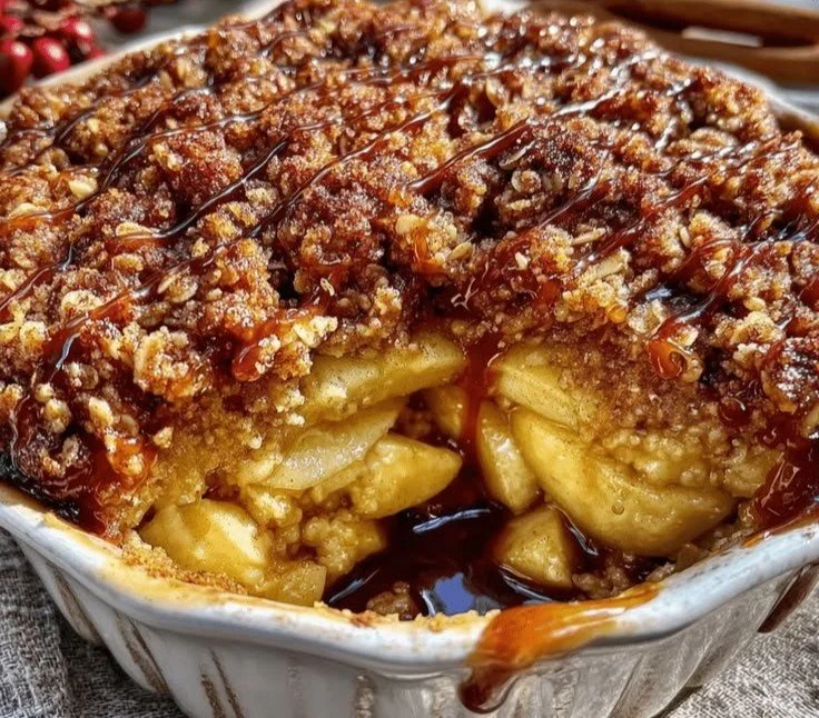 Delicious fall caramel apple crisp dessert with apples and caramel topping