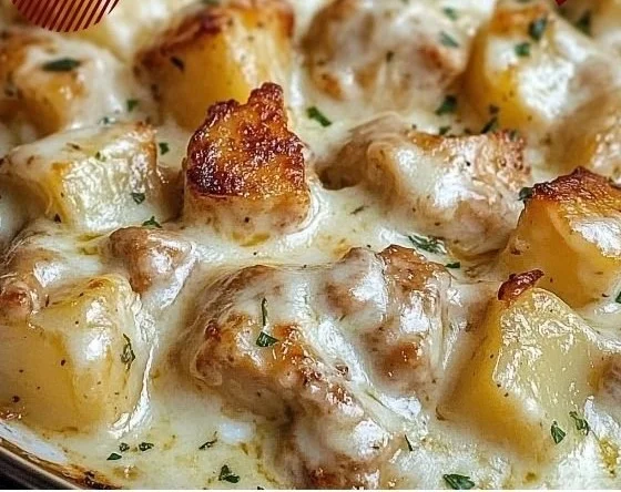Crockpot Garlic Parmesan Chicken with Potatoes in a serving bowl