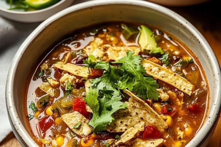 Delicious Green Chile Tortilla Soup served in a bowl with toppings