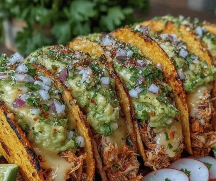 Green sauce pulled chicken tacos served with fresh toppings