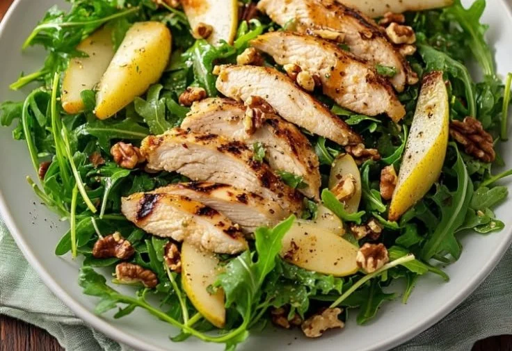 Grilled Chicken Arugula Salad with Pears and Walnuts
