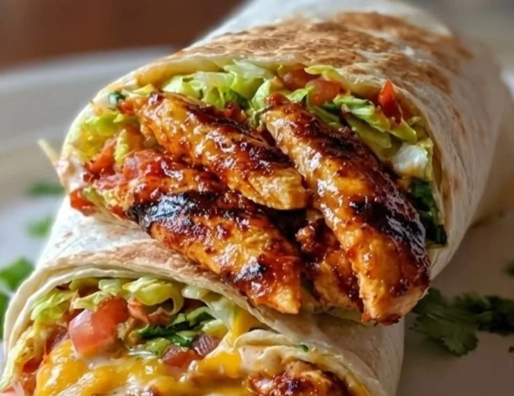 Grilled chicken and avocado burrito with fresh ingredients and spices
