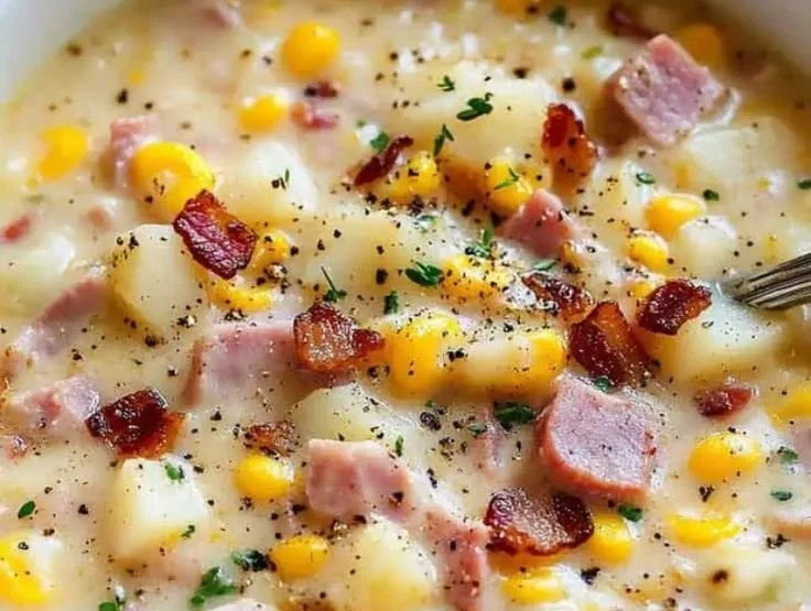 Bowl of delicious Ham and Potato Corn Chowder topped with herbs.