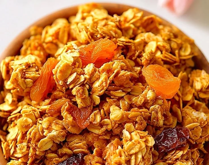 Bowl of healthy apricot granola with nuts and dried fruits