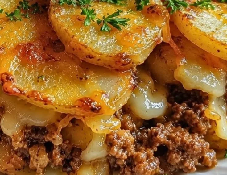 Healthy loaded beef and potato bake served in a dish with fresh toppings