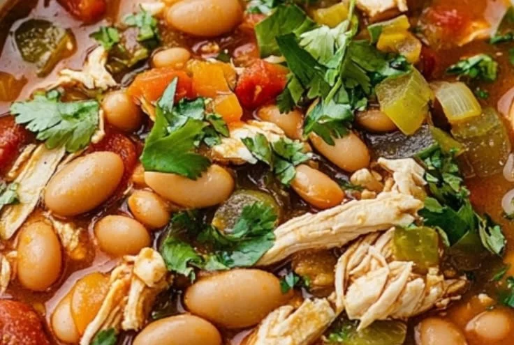 Bowl of healthy white bean chicken chili garnished with cilantro and avocado