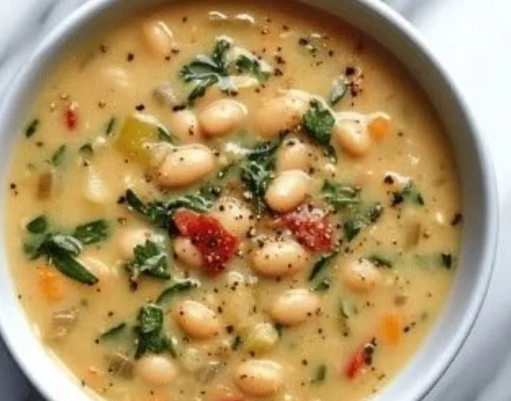 Bowl of high protein bean soup with fresh herbs and vegetables