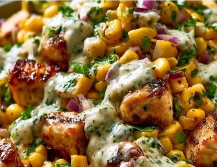 High protein chicken salad with street corn in a bowl