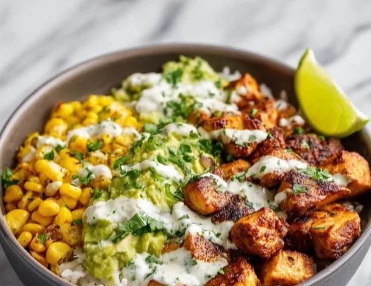 High Protein Healthy Street Corn Chicken Bowl with vibrant ingredients