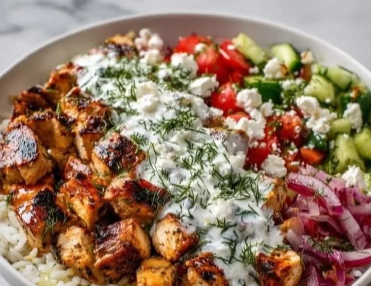 High protein Mediterranean chicken lemon-dill bowls ready to serve.