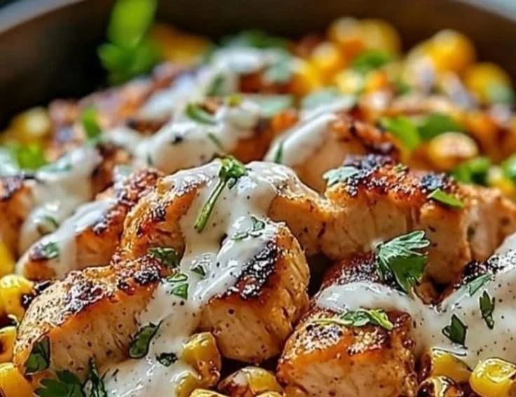 High protein street corn chicken bowl with vibrant toppings and ingredients