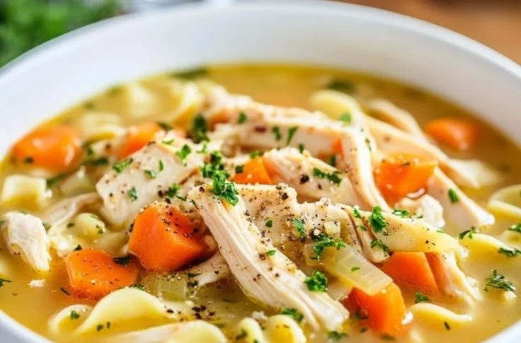 Bowl of homemade chicken noodle soup with vegetables and herbs