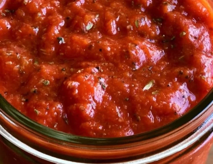 A bowl of homemade pizza sauce made from fresh tomatoes and herbs.