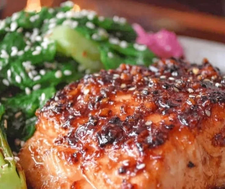 Delicious Honey Sriracha Glazed Salmon plated with vibrant vegetables