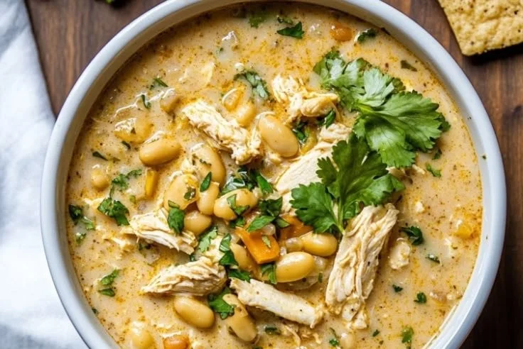 Bowl of Instant Pot white chicken chili topped with cilantro and cheese