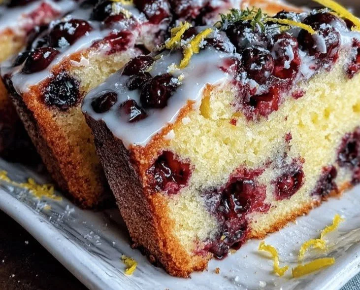 Moist wild huckleberry lemon pound cake topped with fresh berries