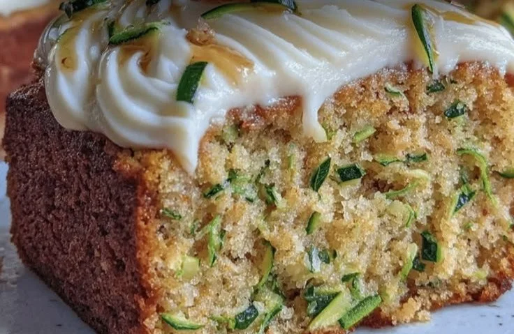 Moist zucchini cake with brown butter cream cheese frosting on a white plate