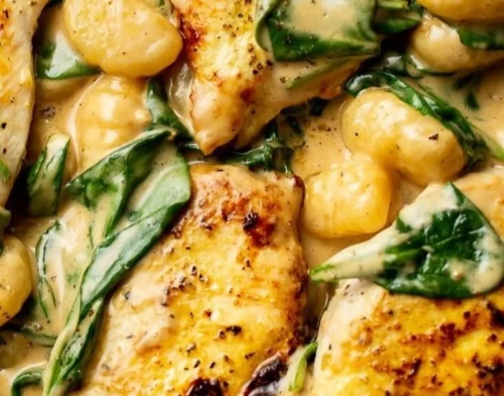 One pan gnocchi with chicken and spinach served in a skillet