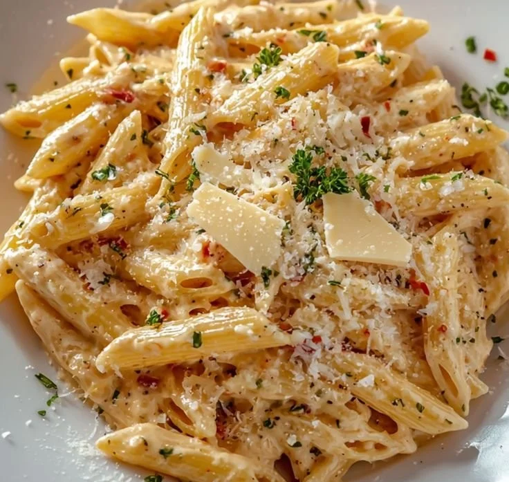 Delicious one pot creamy garlic pasta dish garnished with parsley and parmesan cheese