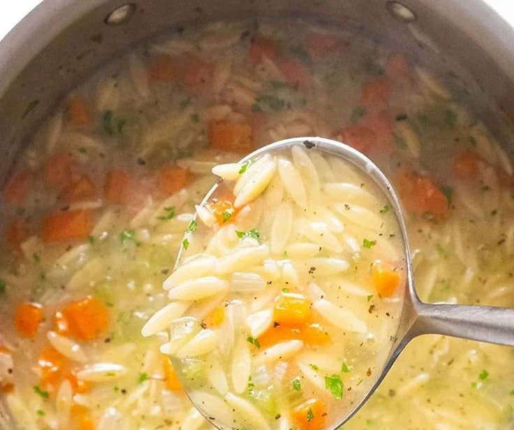 Bowl of hearty orzo soup with vegetables and herbs