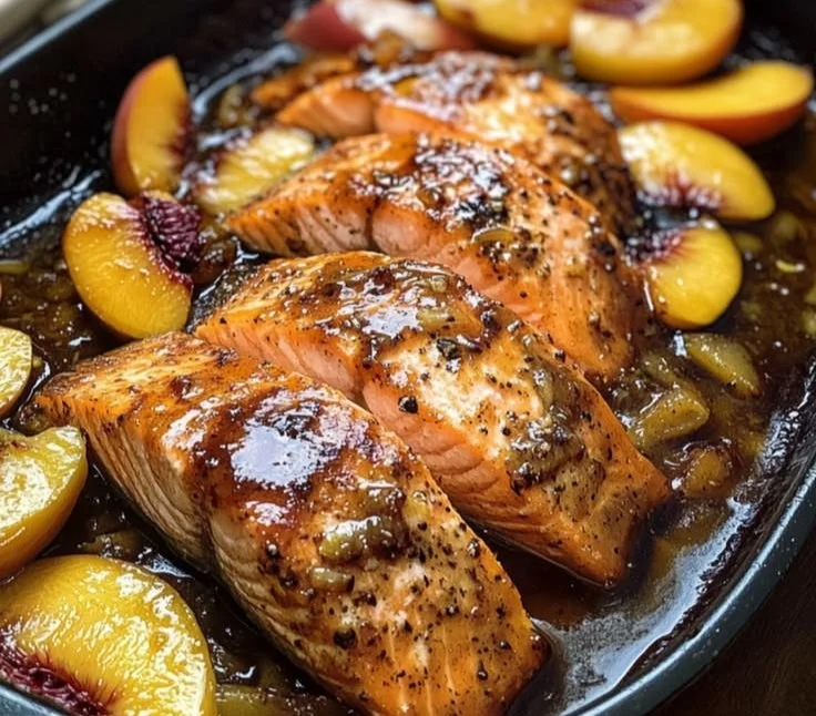 Peach glazed roasted salmon on a plate, garnished with herbs.