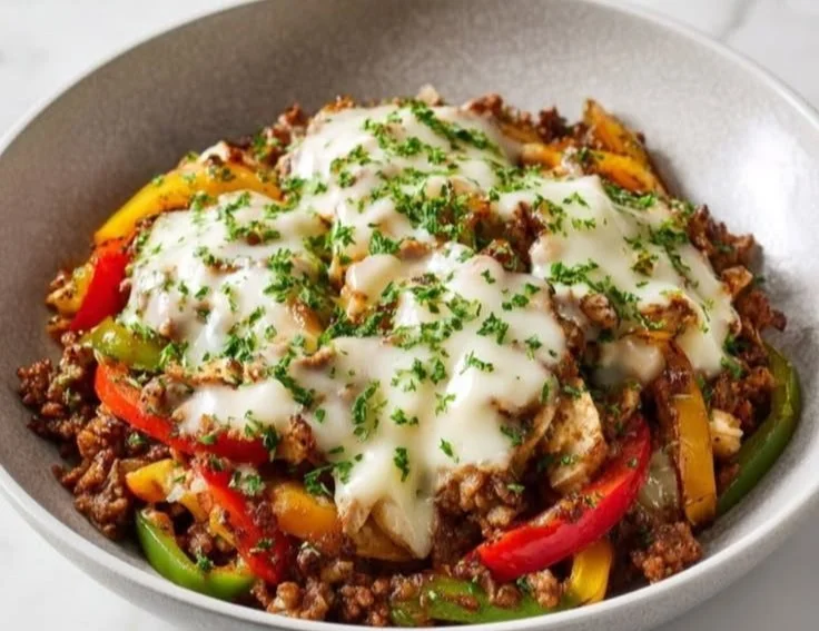 Delicious Philly Cheesesteak Bowl with beef, peppers, and onions