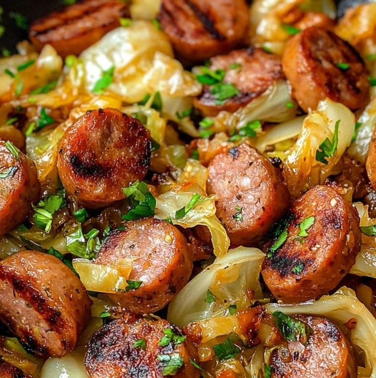 Sausage and cabbage stir fry served in a skillet with colorful veggies.