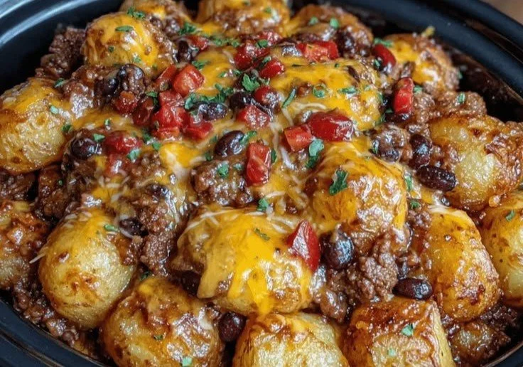 Delicious slow cooker cowboy casserole served in a rustic bowl.