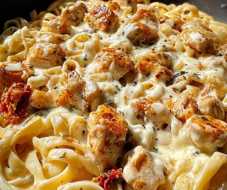 Spicy Smoky Mozzarella Chicken Alfredo Pasta Skillet served in a skillet