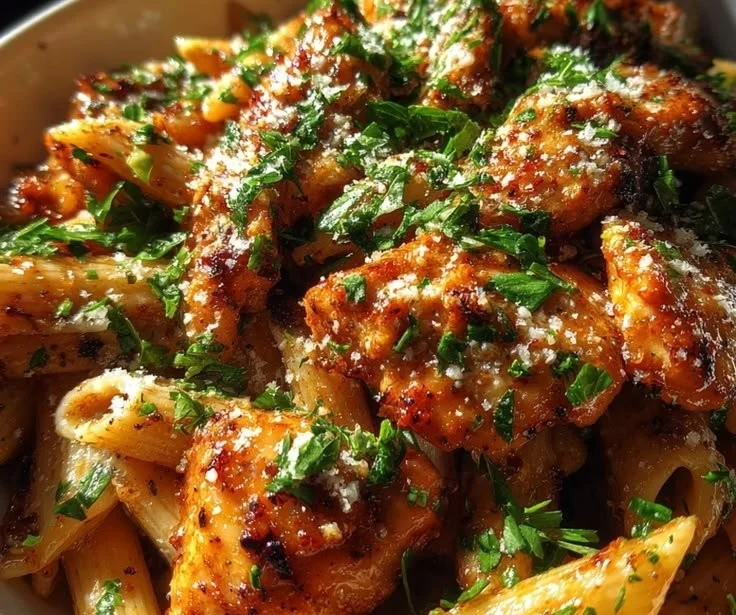 Sticky Garlic Butter Honey Parmesan Chicken Penne served in a bowl