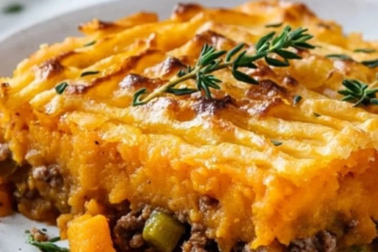 Delicious Sweet Potato Cottage Pie topped with creamy mashed sweet potatoes.
