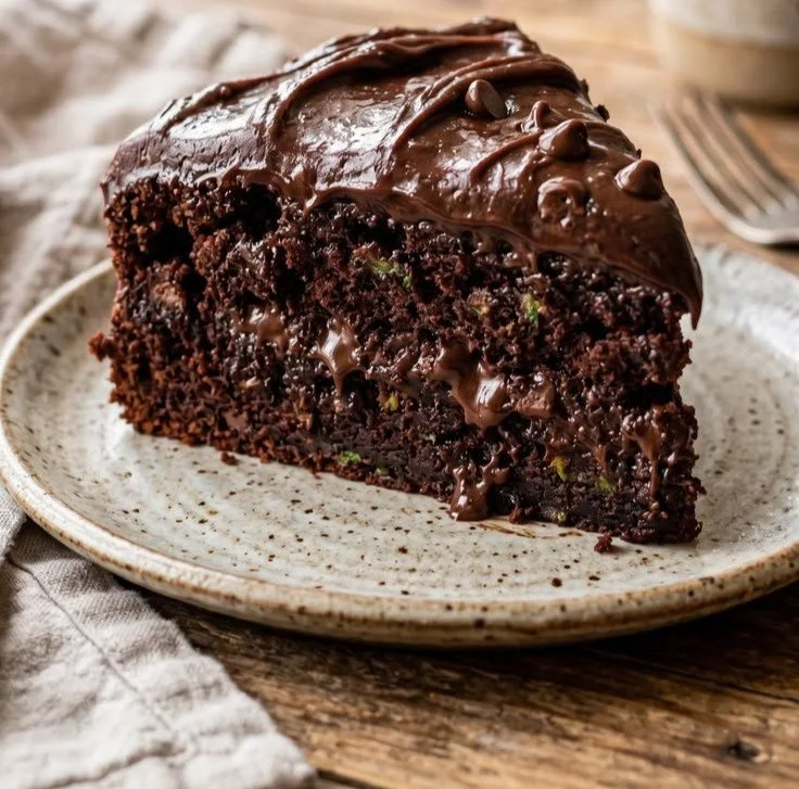 Slice of ultra moist chocolate zucchini cake on a plate