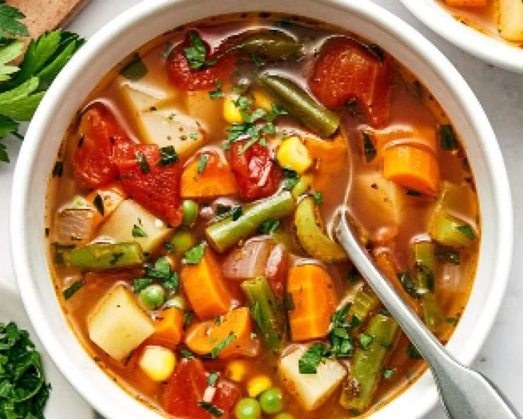 Delicious bowl of vegetable soup with fresh ingredients and vibrant colors.