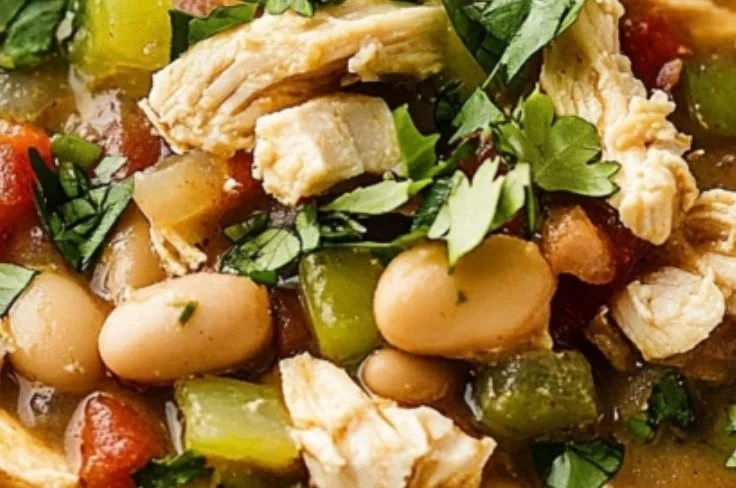 Delicious bowl of White Bean Chicken Chili topped with fresh herbs