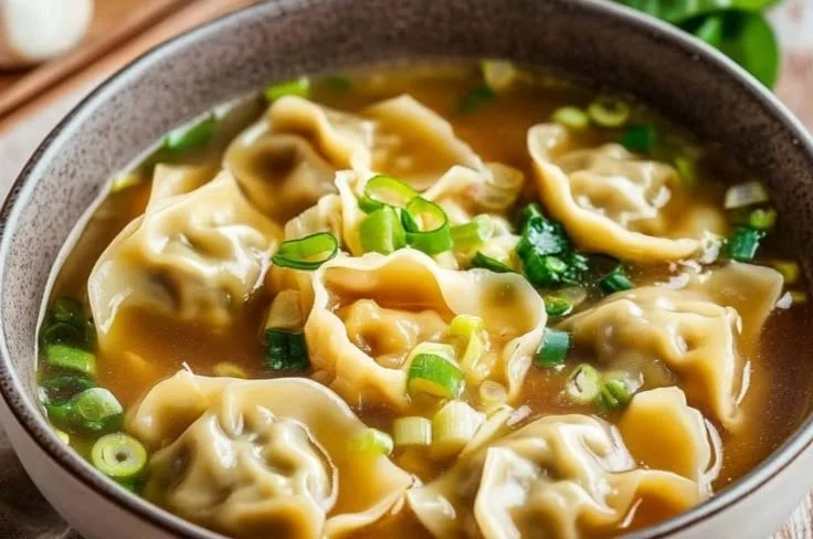 Delicious wonton soup with homemade chicken dumplings in a bowl