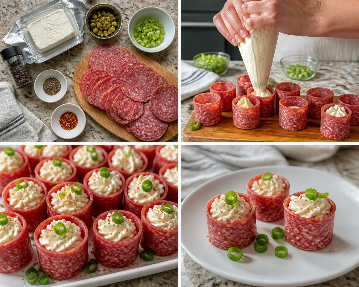 Delicious cream cheese salami bites arranged on a platter