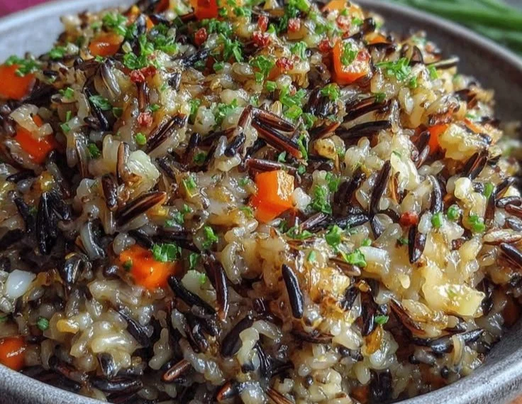 Best wild rice pilaf served in a bowl, ideal Thanksgiving side dish.